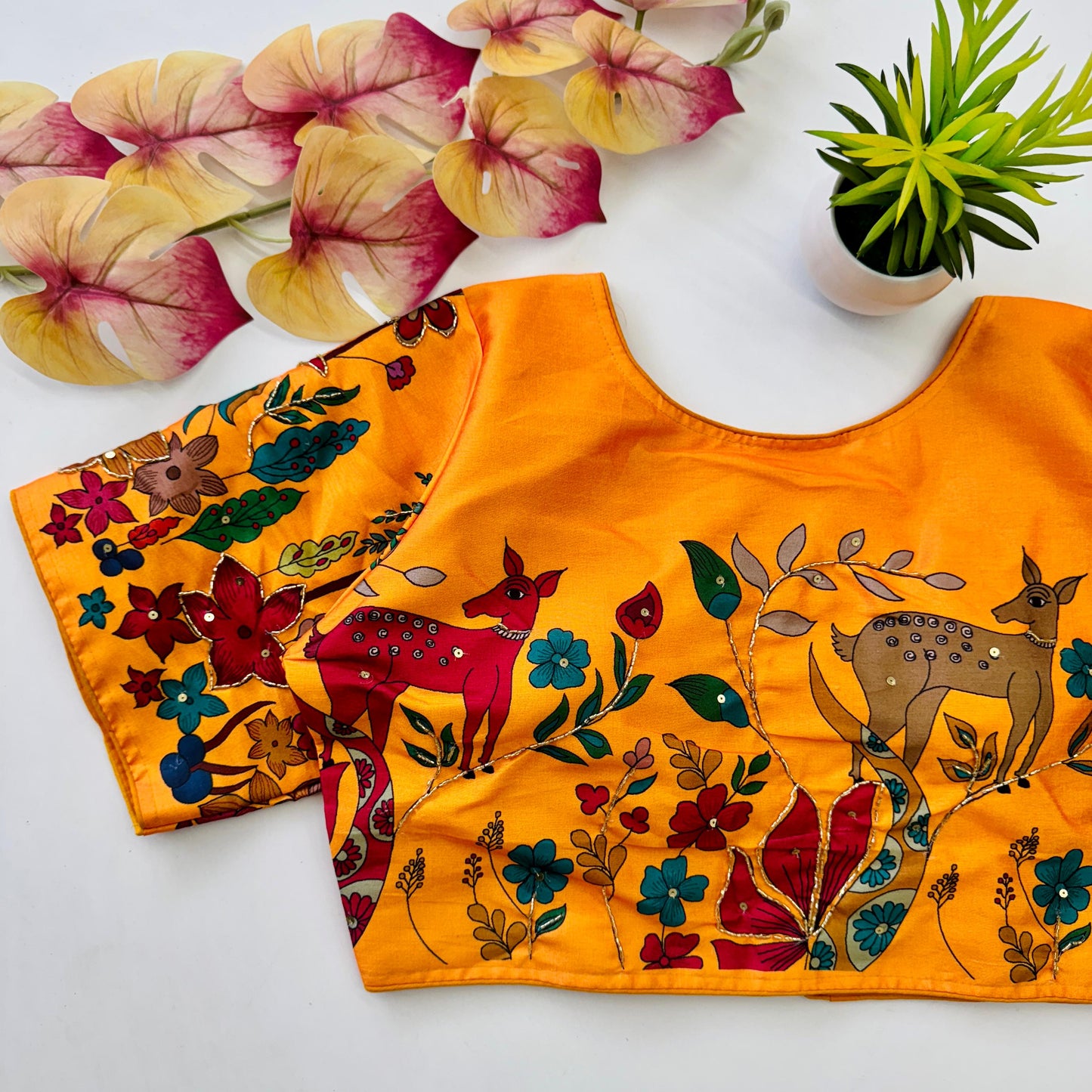 Graceful Pure Silk Printed Handcrafted Designer Stitched Blouse - INDIAN ELEGANCE