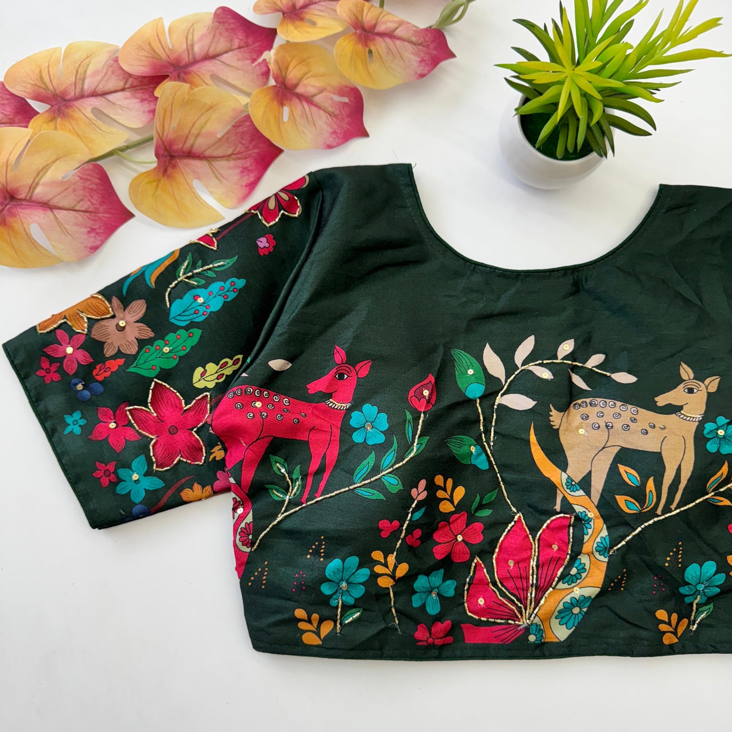 Graceful Pure Silk Printed Handcrafted Designer Stitched Blouse - INDIAN ELEGANCE