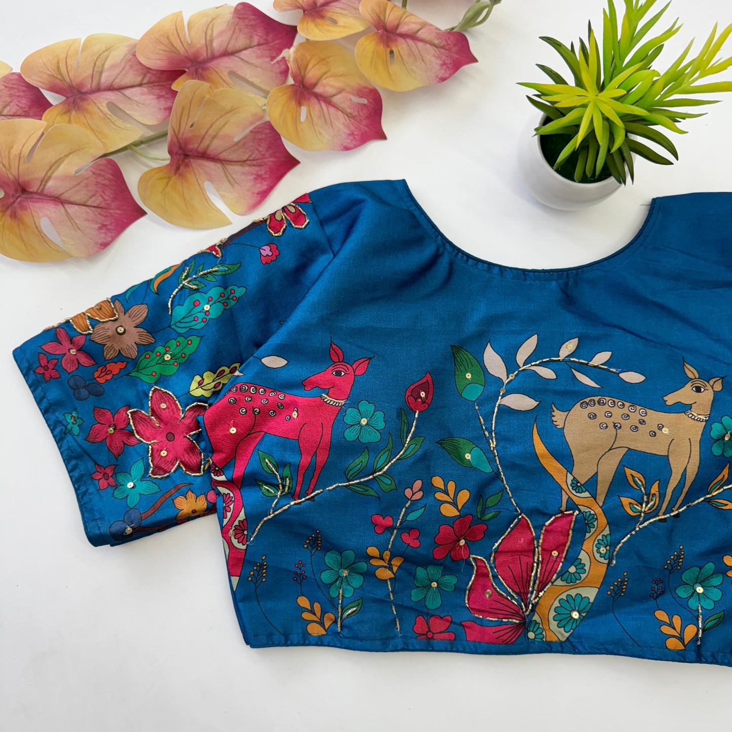 Graceful Pure Silk Printed Handcrafted Designer Stitched Blouse - INDIAN ELEGANCE