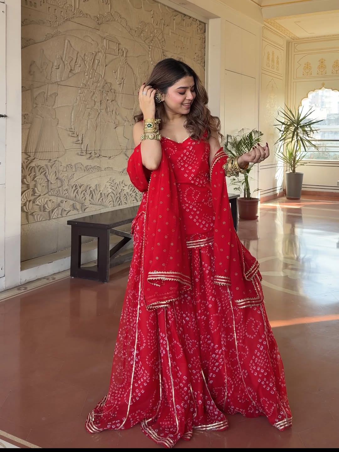 Farewell & Wedding wear Kumkum Red Bandhani Sharara Set for Women