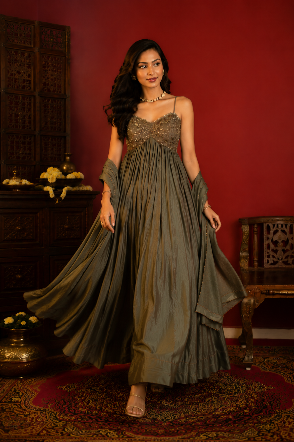 Party Wear Olive Green Upada Silk Anarkali Suit Set with Chinoon Chiffon Dupatta for Women