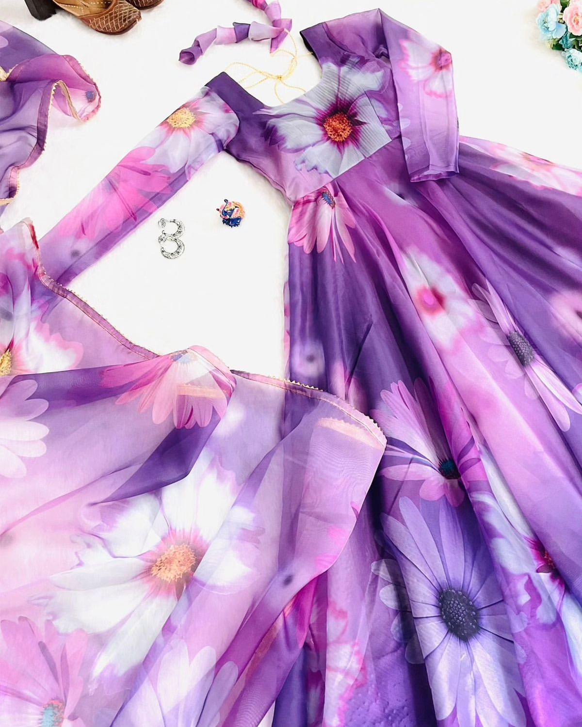 Delightful Purple Organza Silk Floral Printed Stitched Gown With Dupatta - INDIAN ELEGANCE