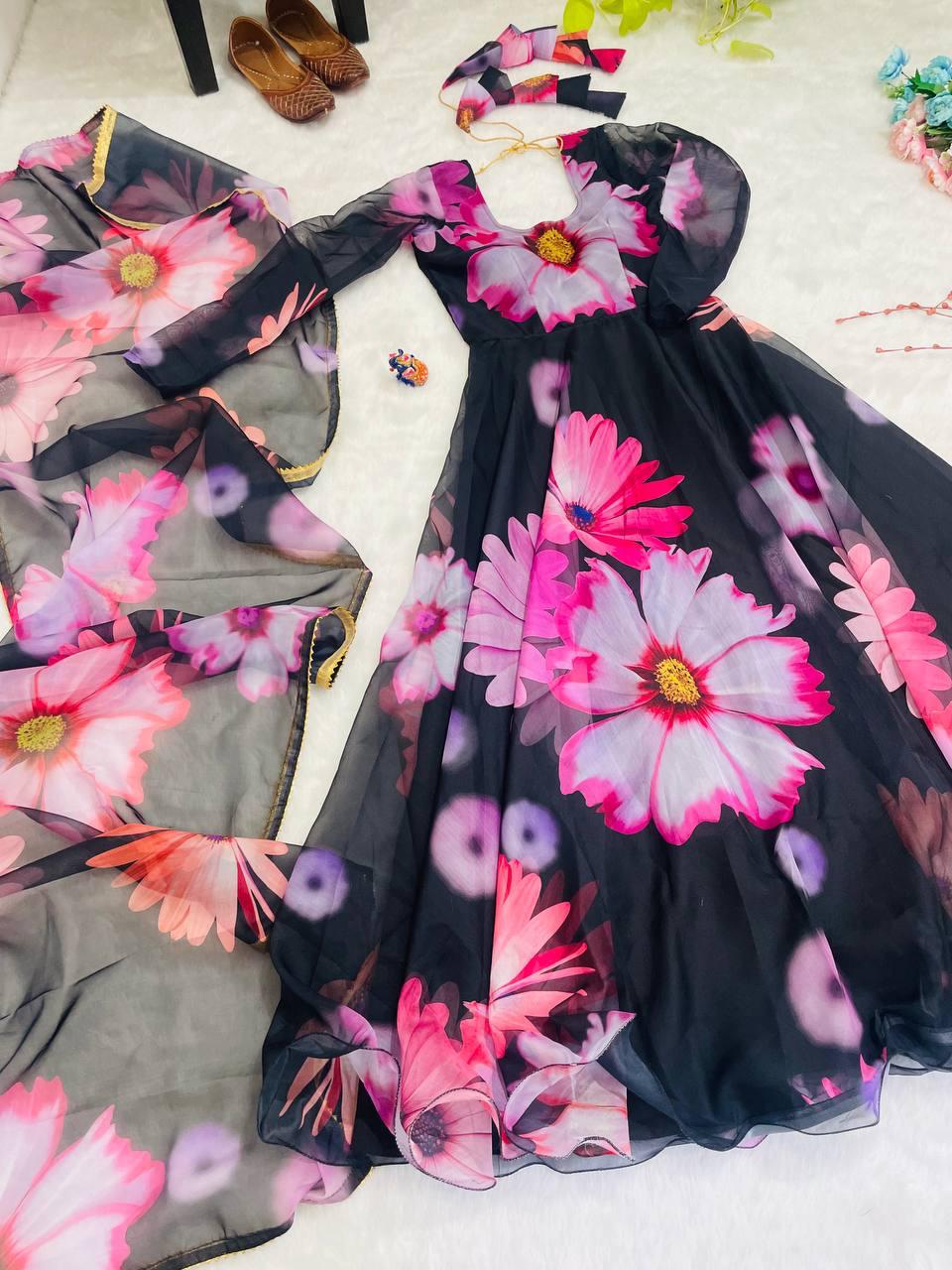 Enchanting Black Organza Silk Floral Printed Stitched Gown With Dupatta - INDIAN ELEGANCE