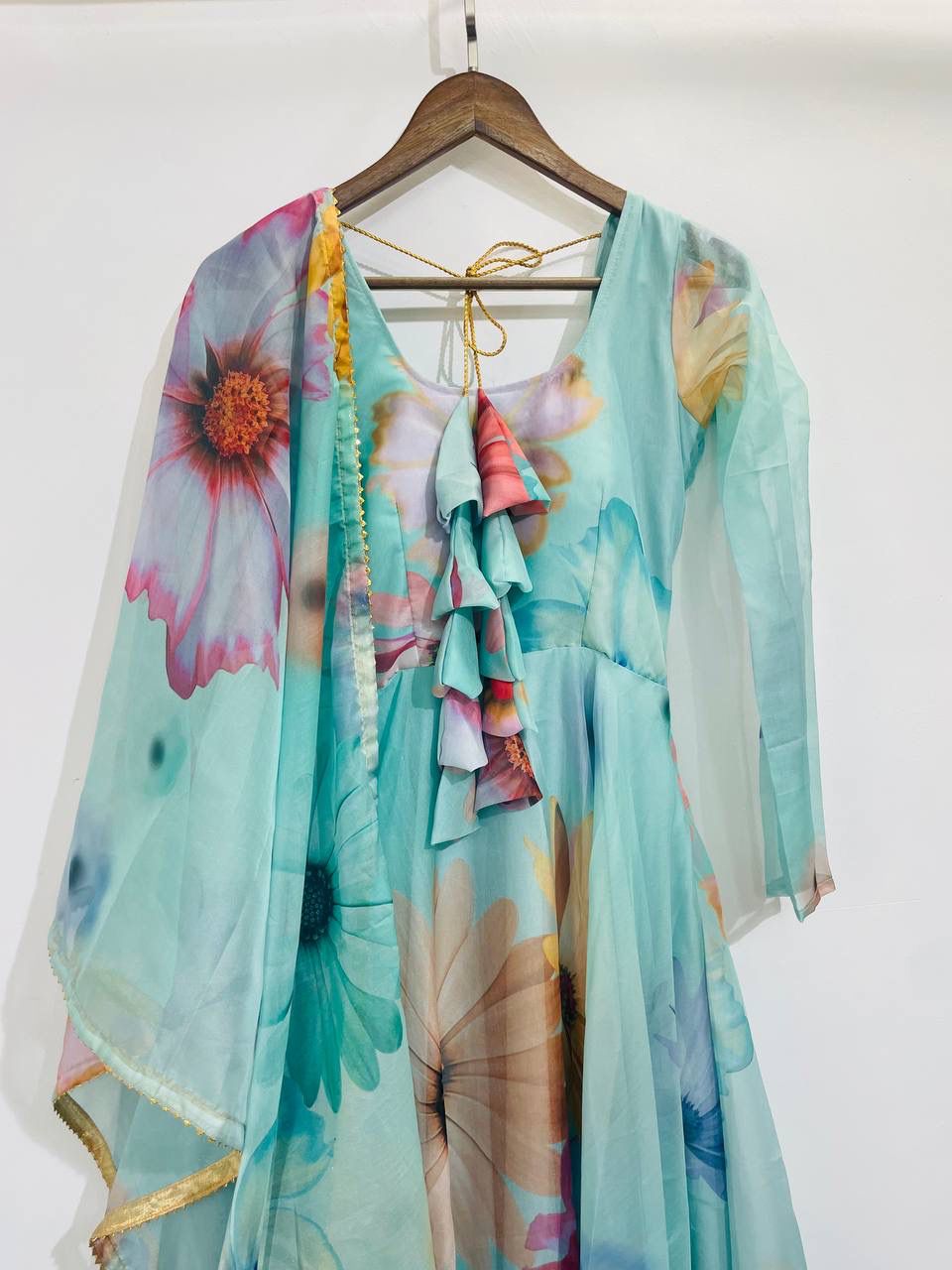 Radiant Sky Blue Organza Silk Floral Printed Stitched Gown With Dupatta - INDIAN ELEGANCE