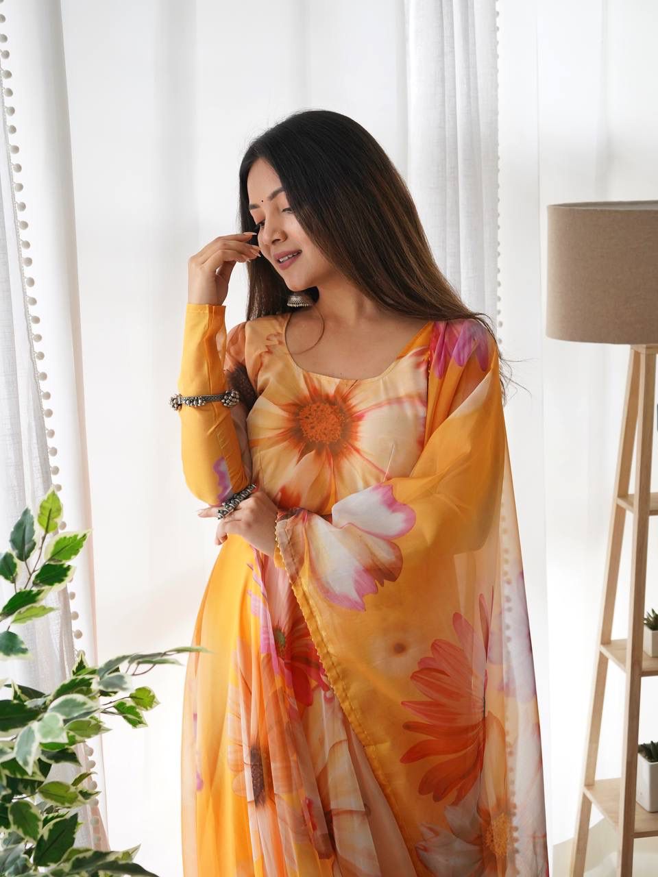 Elegant Orange Organza Silk Floral Printed Stitched Gown With Dupatta - INDIAN ELEGANCE