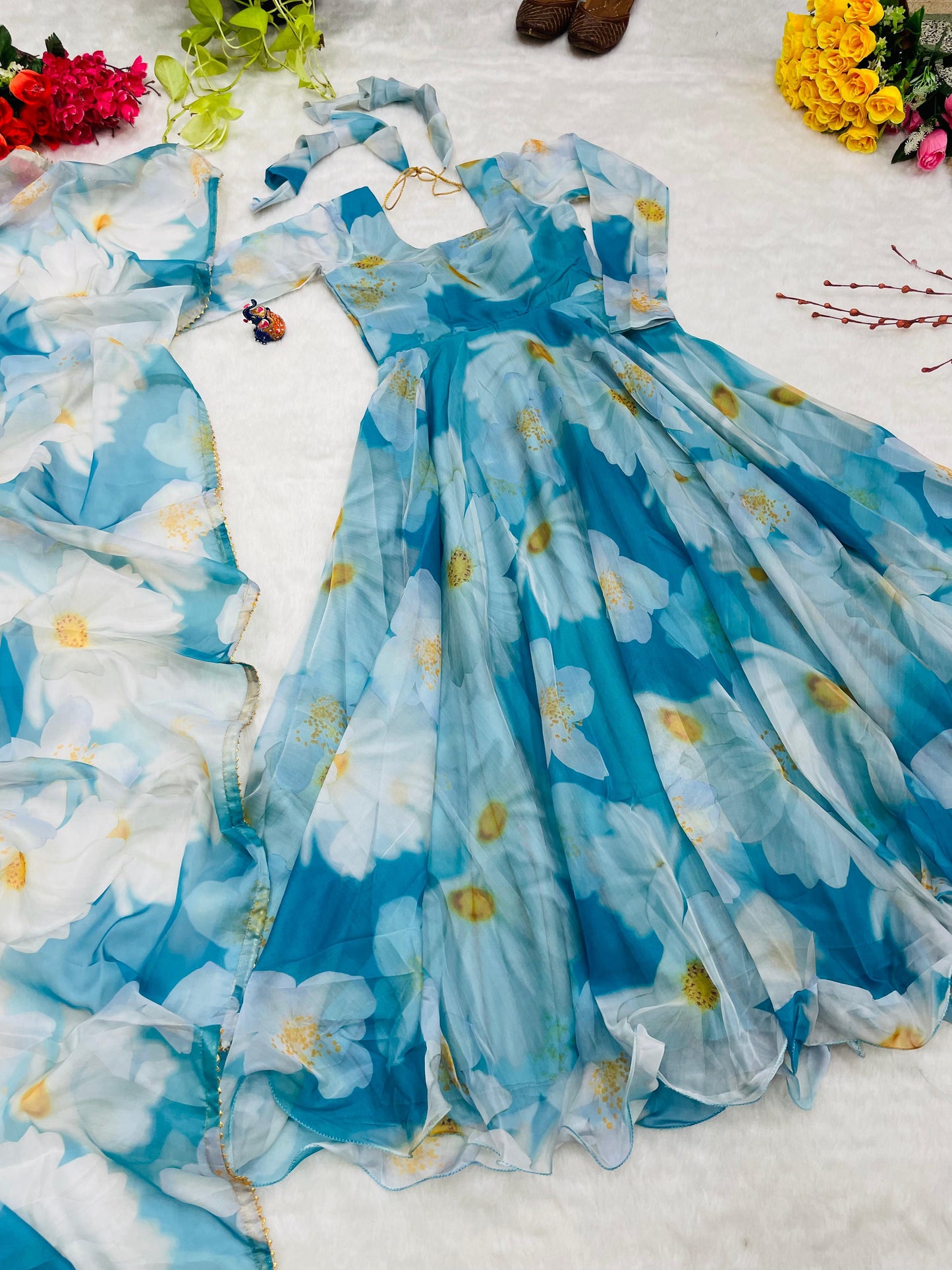 Classy Sky Blue Organza Silk Floral Printed Stitched Gown With Dupatta - INDIAN ELEGANCE