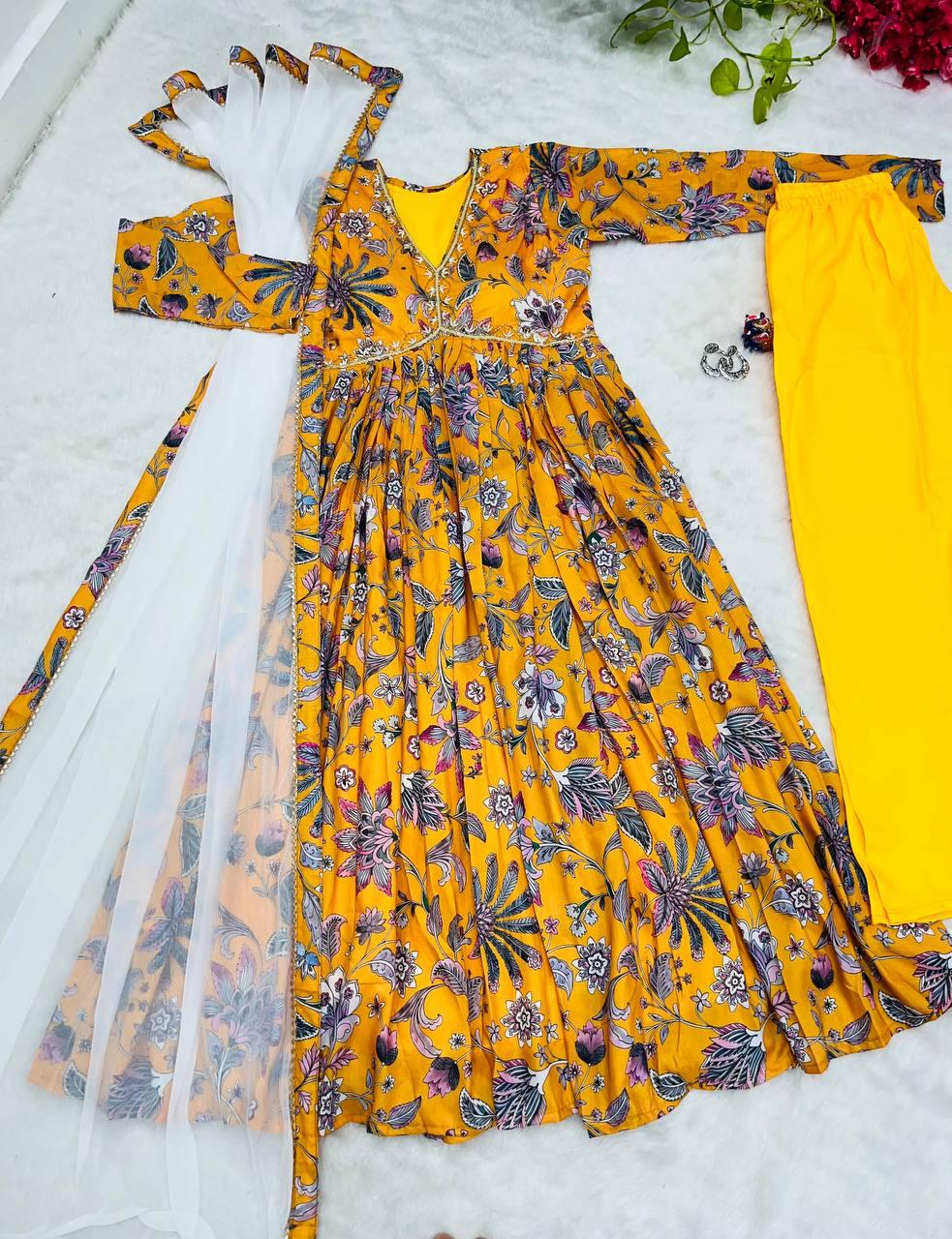 Radiant Yellow Soft Cotton Printed Handworked Anarkali Pant Suit - INDIAN ELEGANCE