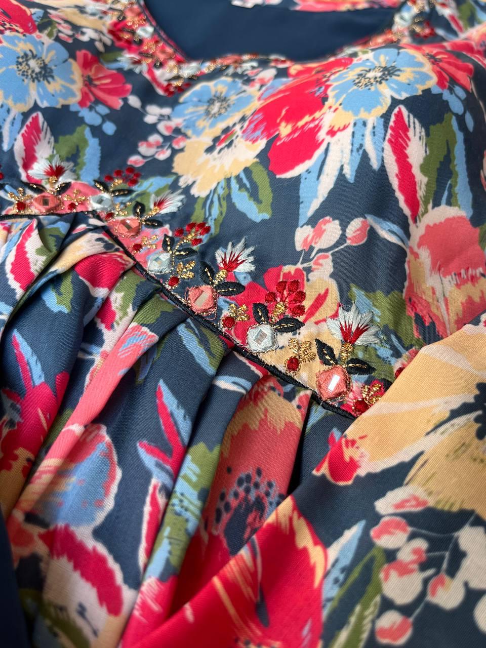 Breathtaking Blue Soft Cotton Printed Handworked Anarkali Pant Suit - INDIAN ELEGANCE