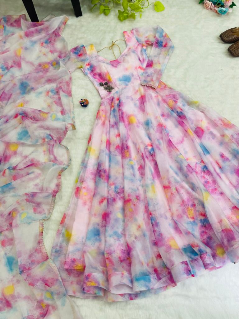 Stylish Pink Organza Silk Floral Digital Printed Gown With Dupatta - INDIAN ELEGANCE