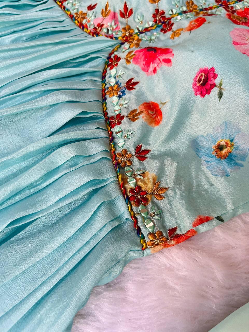 Ravishing Sky Blue Soft Chinon Floral Printed Handworked Anarkali Pant Suit - INDIAN ELEGANCE