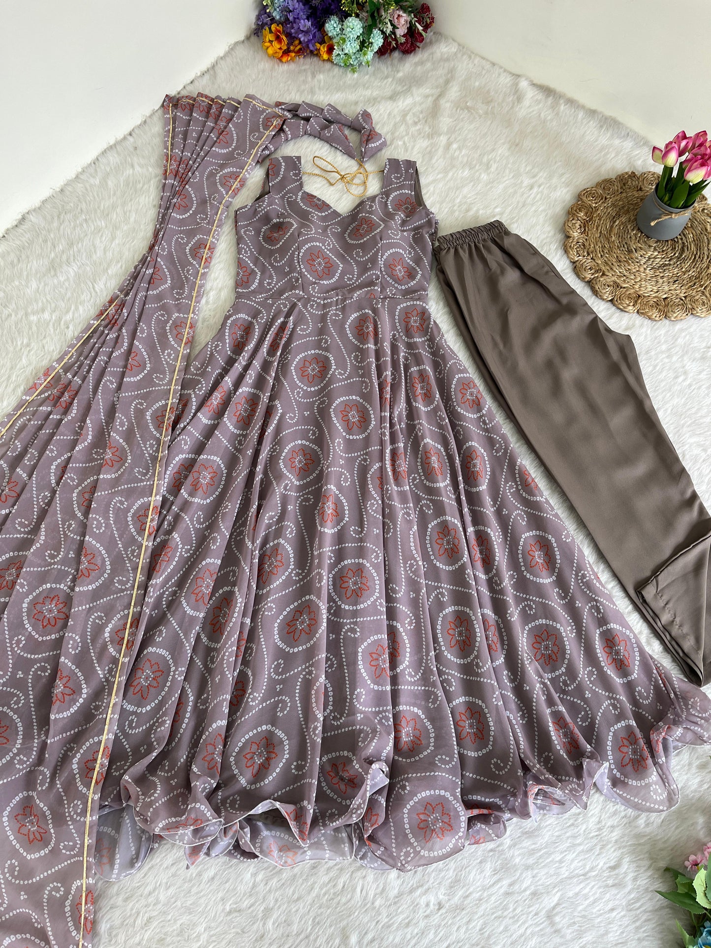 Alluring Faux Georgette Silk Digital Printed Anarkali Pant Suit - INDIAN ELEGANCE