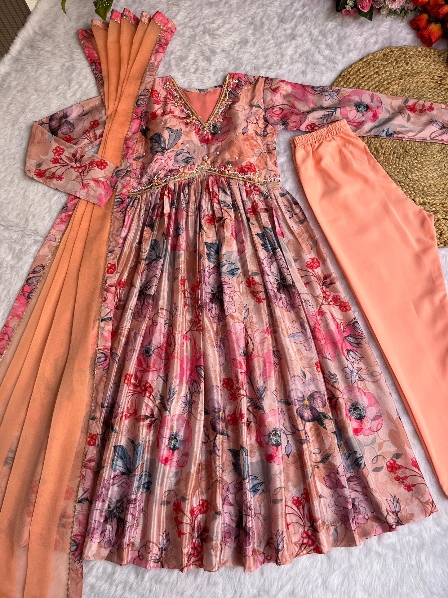 Mesmerizing Chinon Alia Cut Handworked Anarkali Pant Suit - INDIAN ELEGANCE