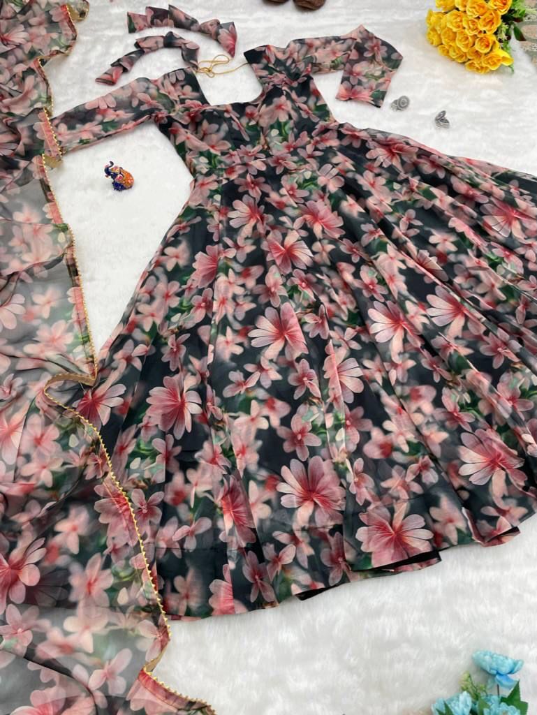 Magnificent Black Organza Silk Floral Digital Printed Gown With Dupatta - INDIAN ELEGANCE