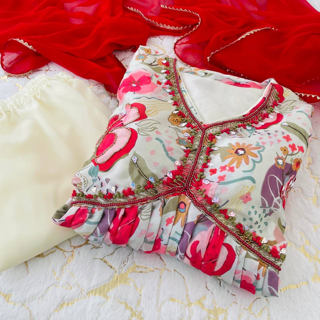 Graceful Soft Chinon Floral Printed Handworked Festive Wear Suit - INDIAN ELEGANCE