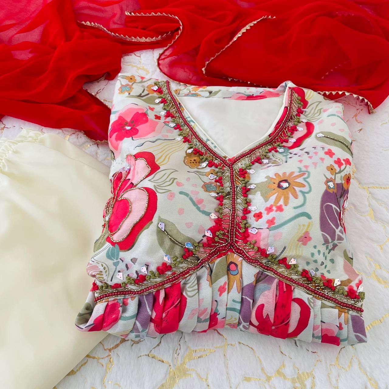 Graceful Soft Chinon Floral Printed Handworked Festive Wear Suit - INDIAN ELEGANCE