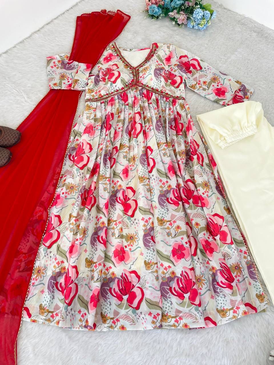 Graceful Soft Chinon Floral Printed Handworked Festive Wear Suit - INDIAN ELEGANCE