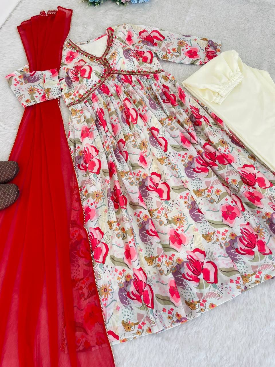 Graceful Soft Chinon Floral Printed Handworked Festive Wear Suit - INDIAN ELEGANCE