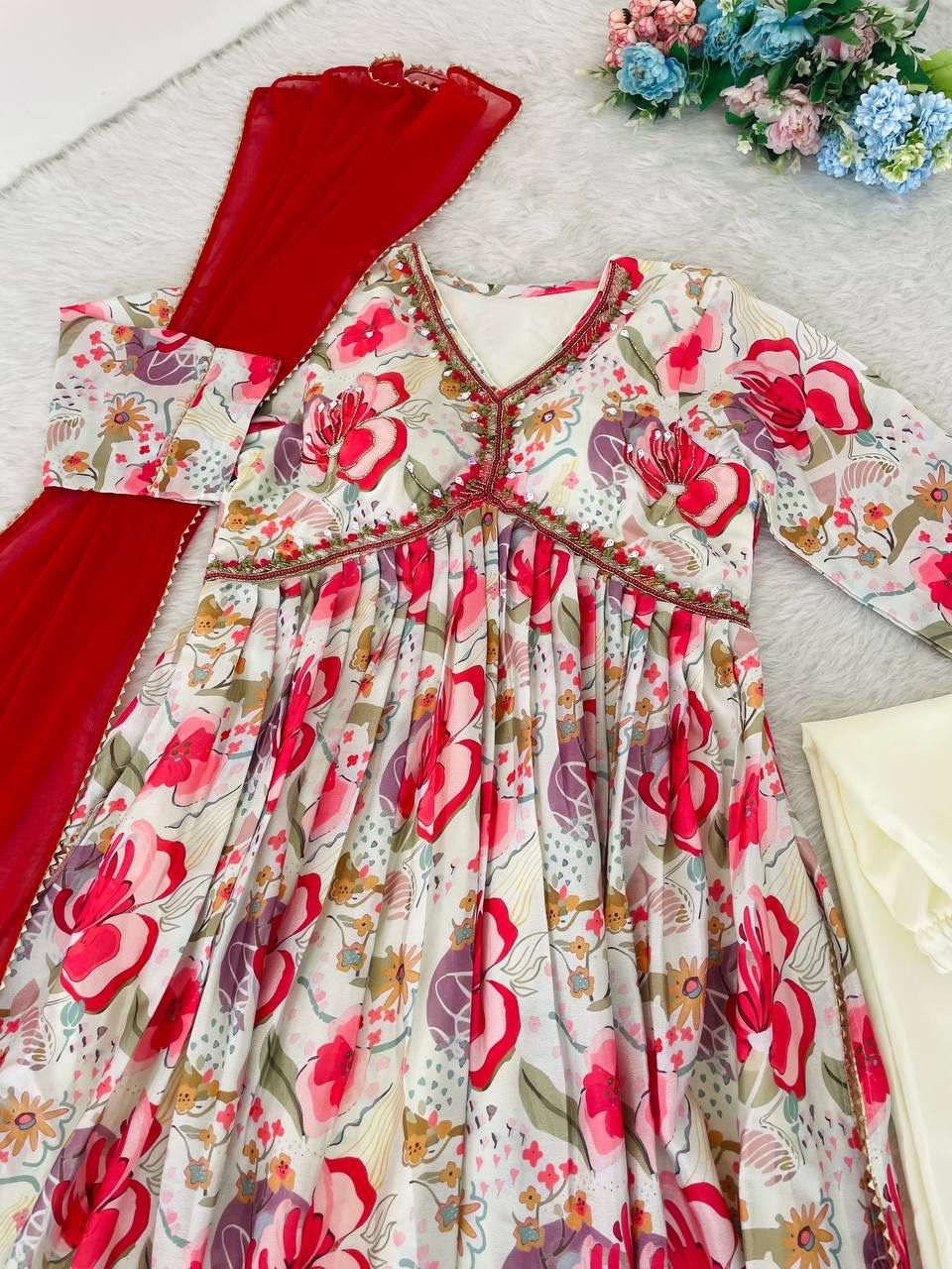 Graceful Soft Chinon Floral Printed Handworked Festive Wear Suit - INDIAN ELEGANCE