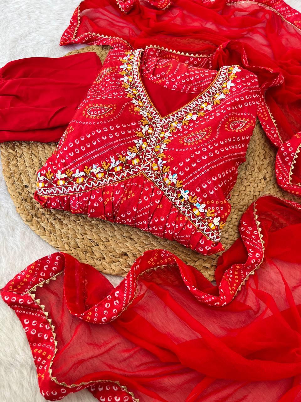 Ravishing Bandhej Printed Soft Chinon Handworked Anarkali Pant Suit - INDIAN ELEGANCE