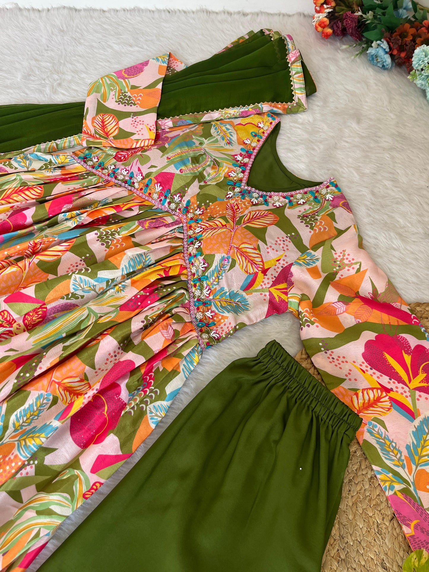 Magnificent Green Soft Chinon Floral Printed Handworked Festive Wear Anarkali Pant Suit - INDIAN ELEGANCE