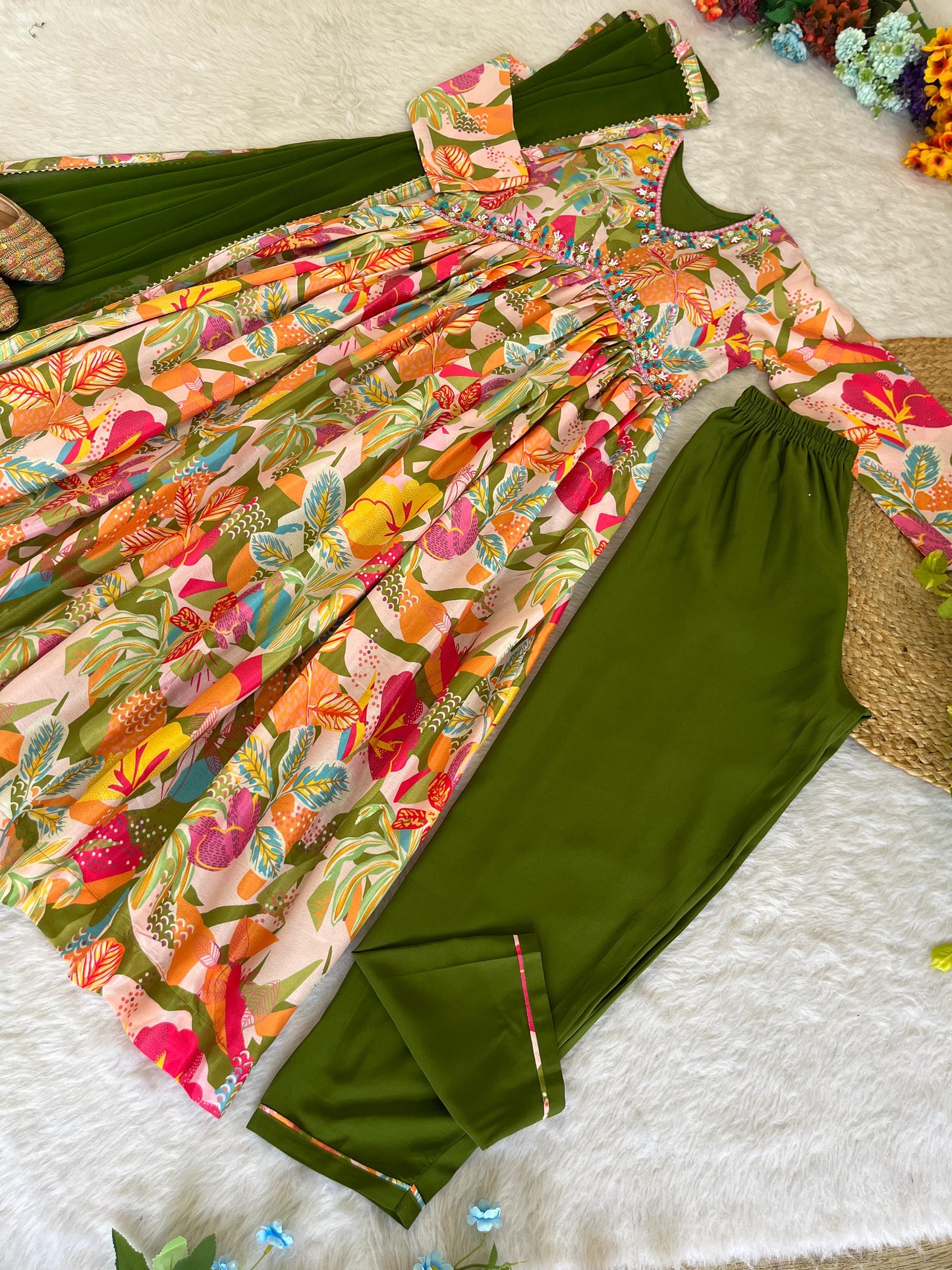 Magnificent Green Soft Chinon Floral Printed Handworked Festive Wear Anarkali Pant Suit - INDIAN ELEGANCE
