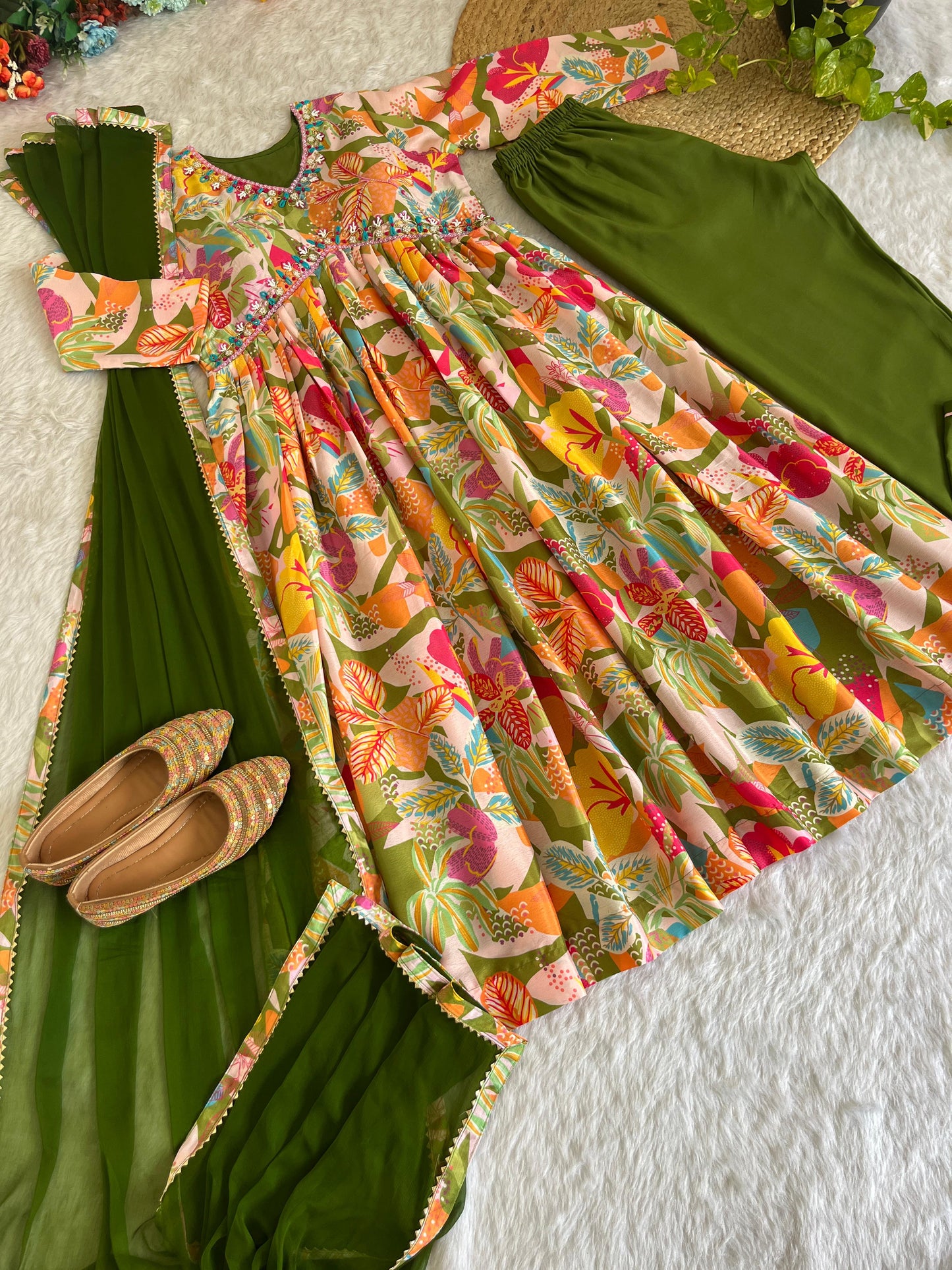 Magnificent Green Soft Chinon Floral Printed Handworked Festive Wear Anarkali Pant Suit - INDIAN ELEGANCE