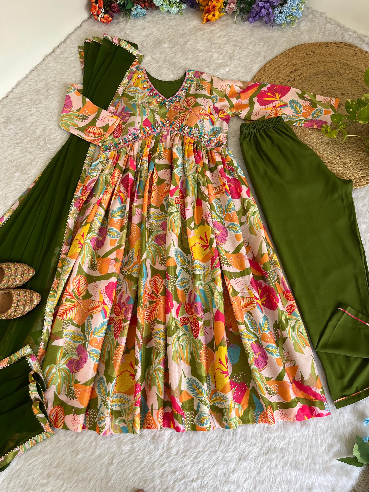 Magnificent Green Soft Chinon Floral Printed Handworked Festive Wear Anarkali Pant Suit - INDIAN ELEGANCE