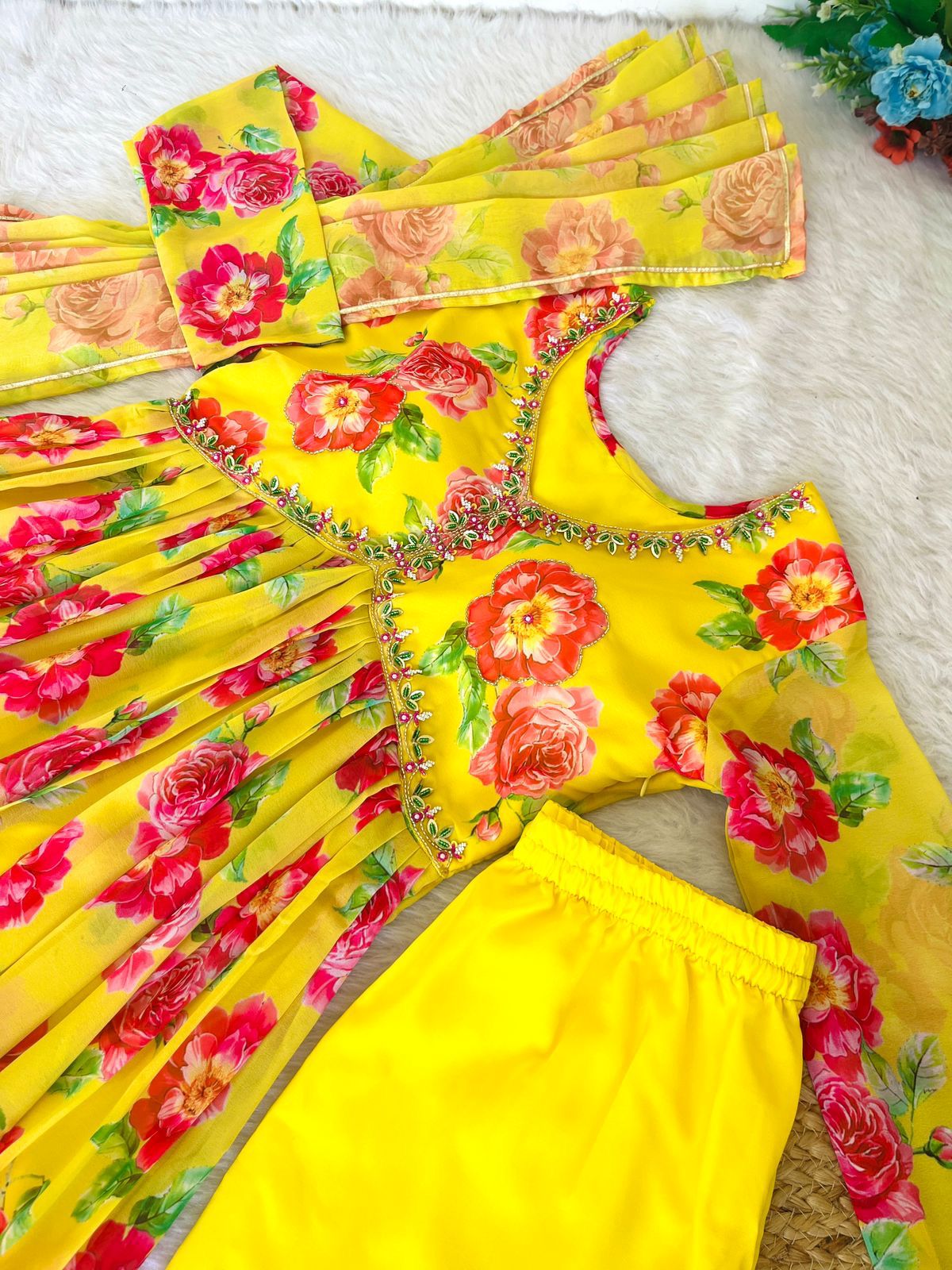 Spellbinding Yellow Faux Georgette Floral Handworked Anarkali Pant Suit - INDIAN ELEGANCE