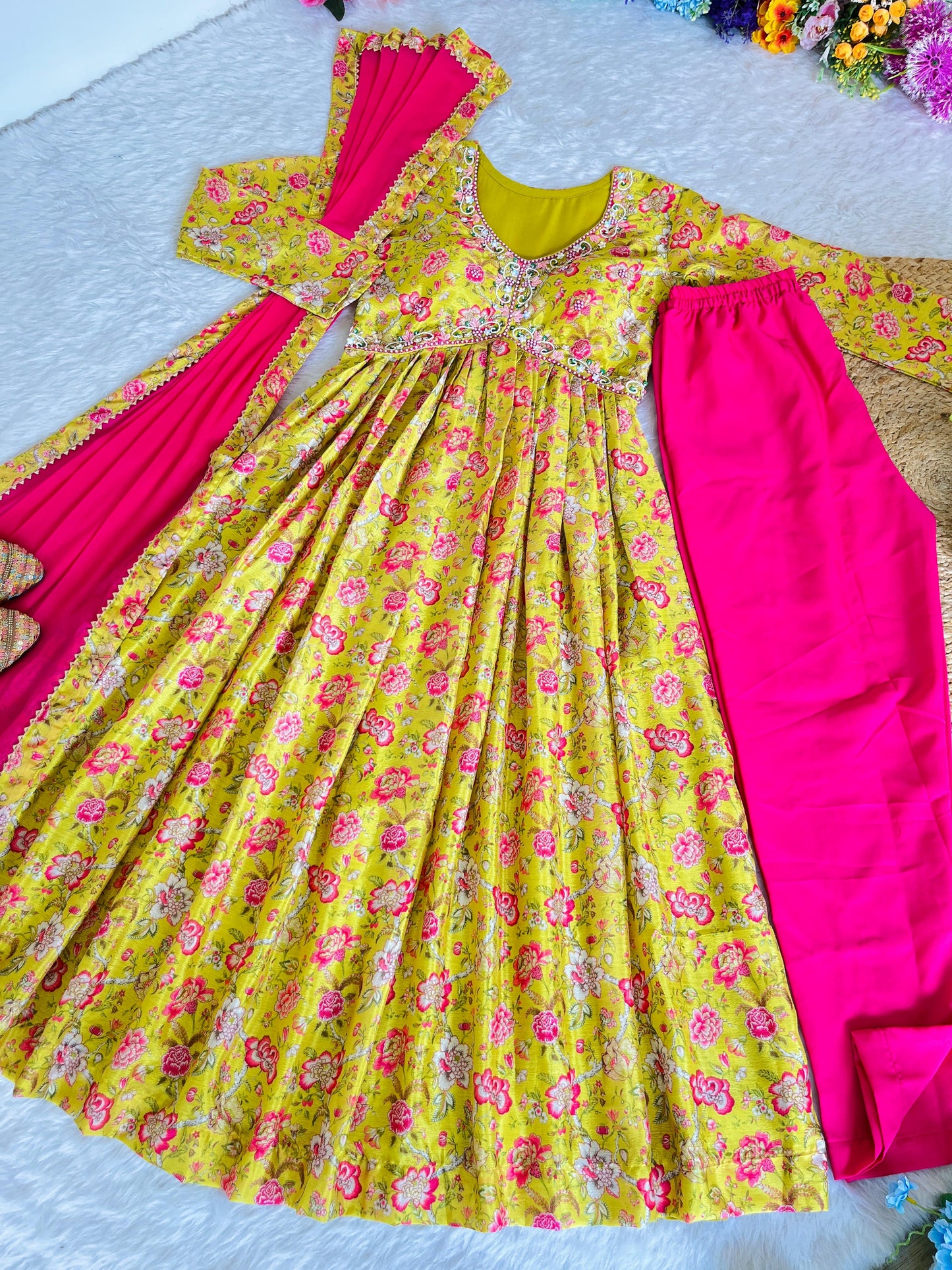 Hypnotic Yellow Soft Chinon Floral Printed Handworked Anarkali Pant Suit - INDIAN ELEGANCE