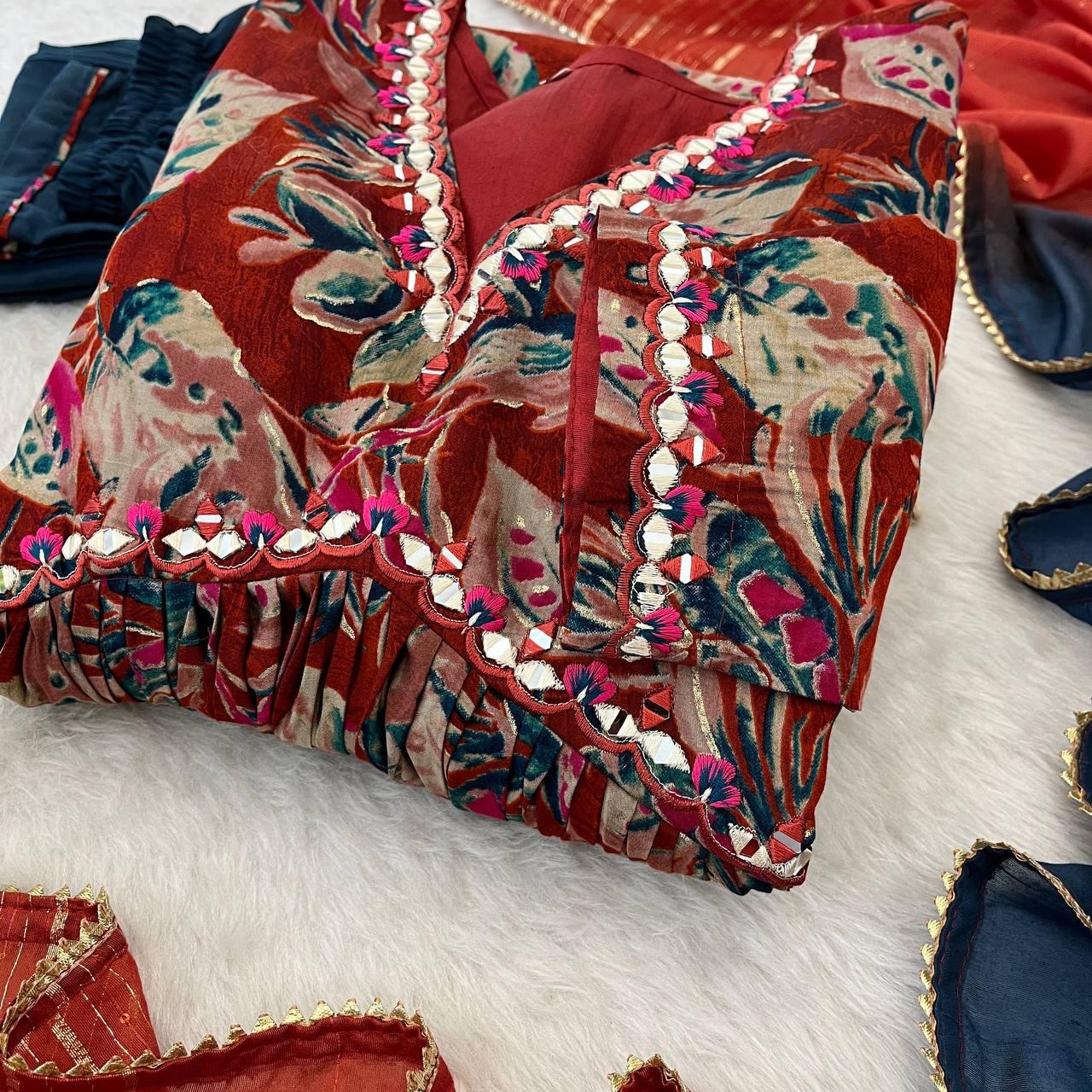 Stunning Pure Viscous Chanderi Handworked Anarkali Pant Suit - INDIAN ELEGANCE