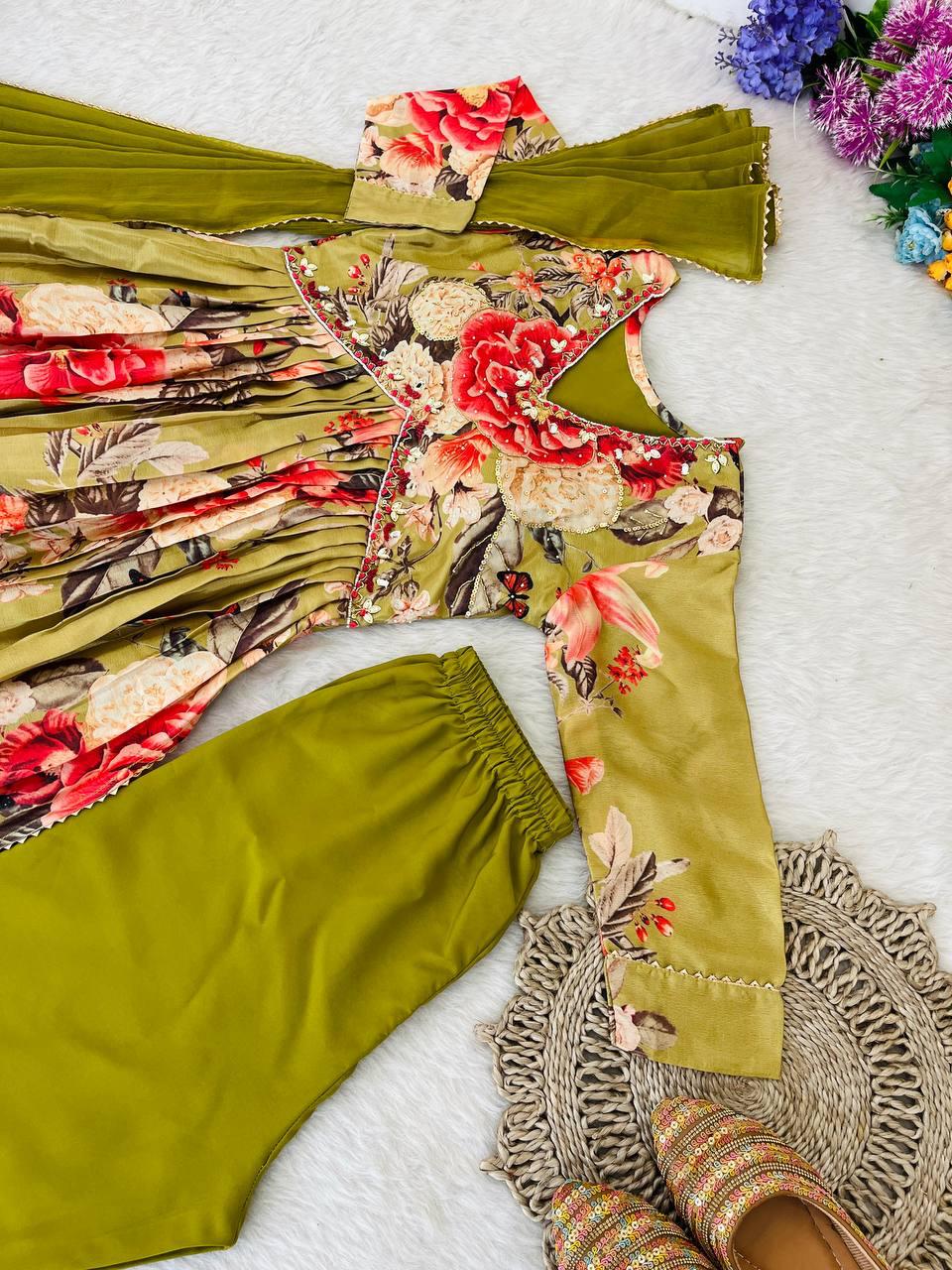 Fabulous Green Soft Chinon Floral Printed Handworked Festive Wear Suit - INDIAN ELEGANCE