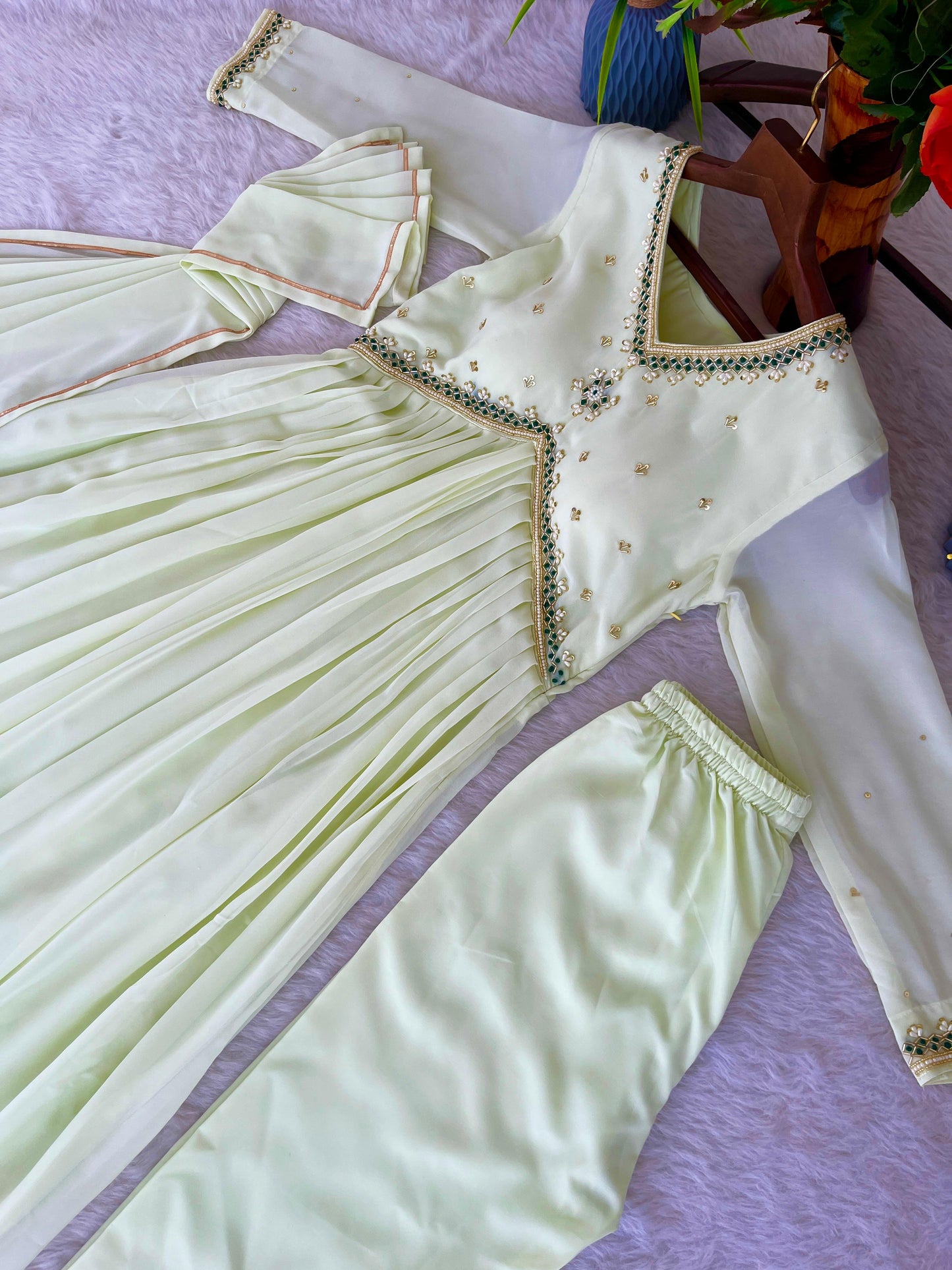 Stunning Off White Faux Georgette Handworked Anarkali Pant Suit - INDIAN ELEGANCE