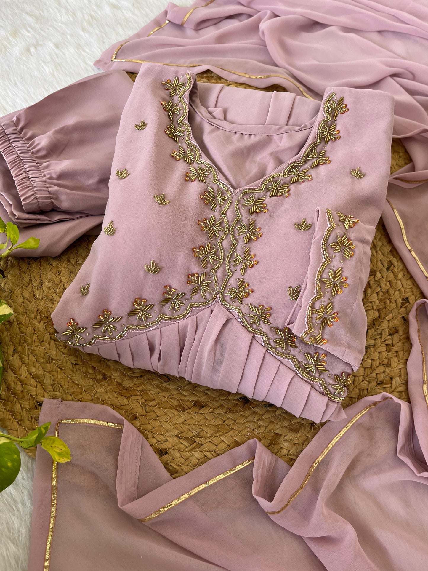 Alluring baby Pink Faux Georgette Handworked Anarkali Pant Suit - INDIAN ELEGANCE