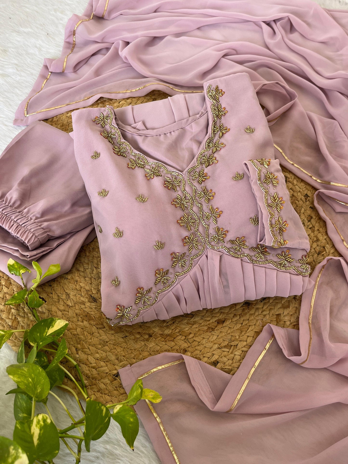 Alluring baby Pink Faux Georgette Handworked Anarkali Pant Suit - INDIAN ELEGANCE