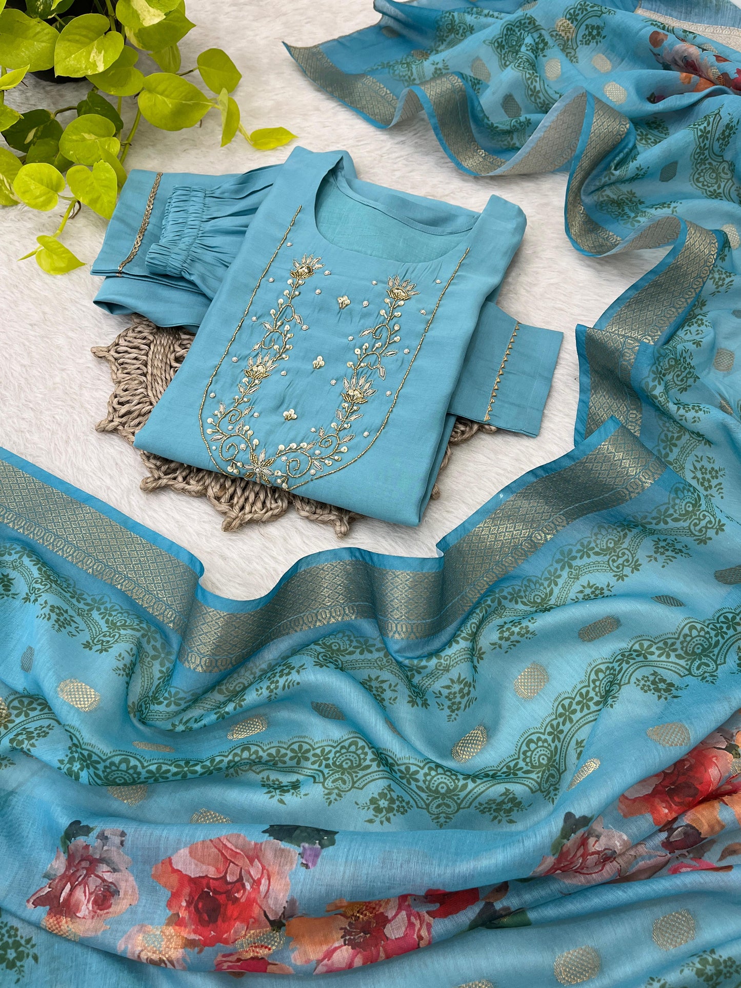Spectacular Roman Silk Handcrafted Festive Wear Anarkali Pant Suit - INDIAN ELEGANCE