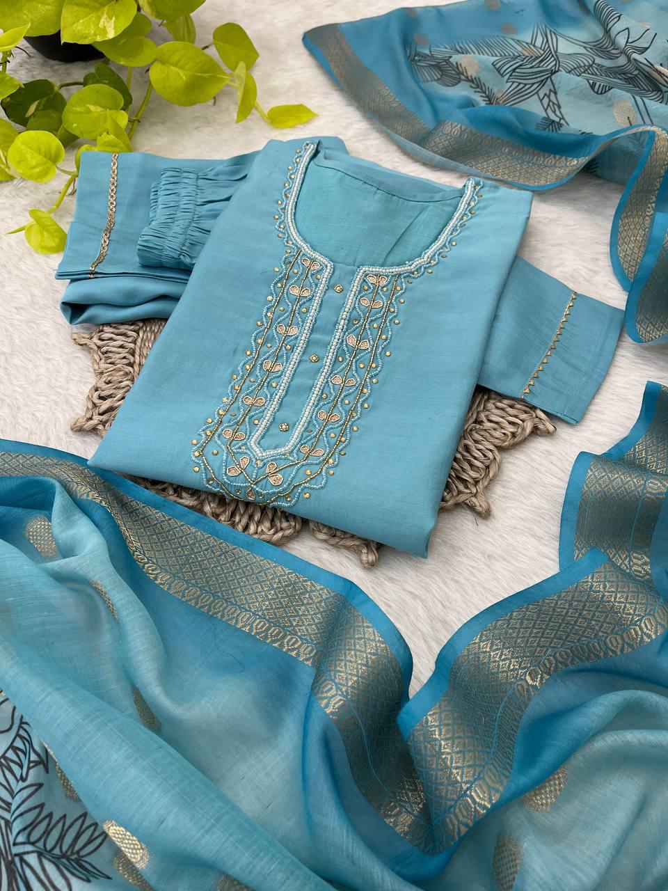 Bewitching Roman Silk Handworked Designer Anarkali Pant Suit - INDIAN ELEGANCE