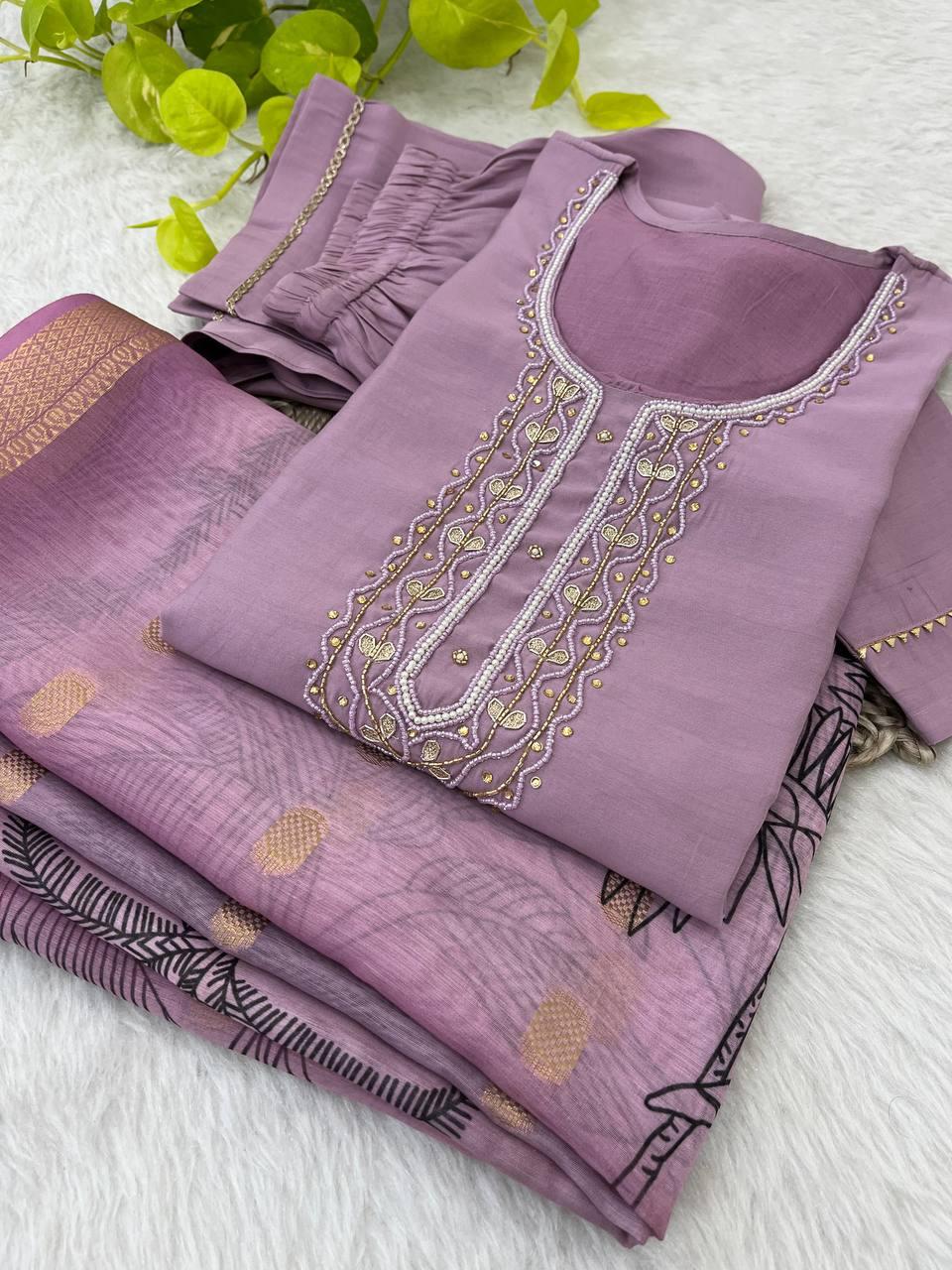 Bewitching Roman Silk Handworked Designer Anarkali Pant Suit - INDIAN ELEGANCE