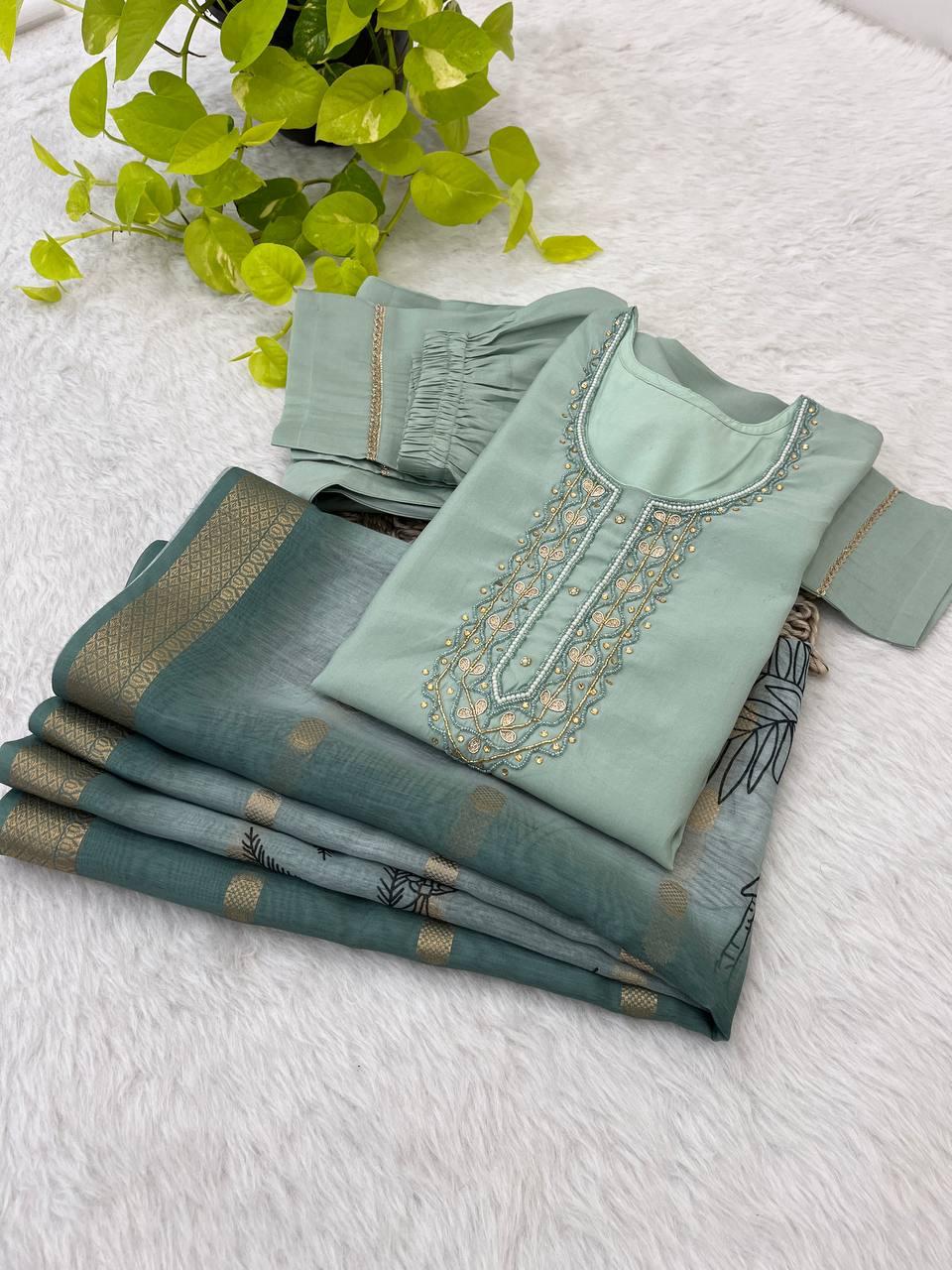 Bewitching Roman Silk Handworked Designer Anarkali Pant Suit - INDIAN ELEGANCE