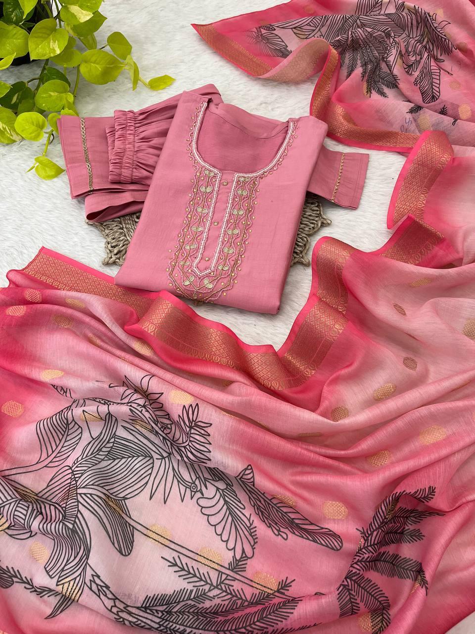 Bewitching Roman Silk Handworked Designer Anarkali Pant Suit - INDIAN ELEGANCE