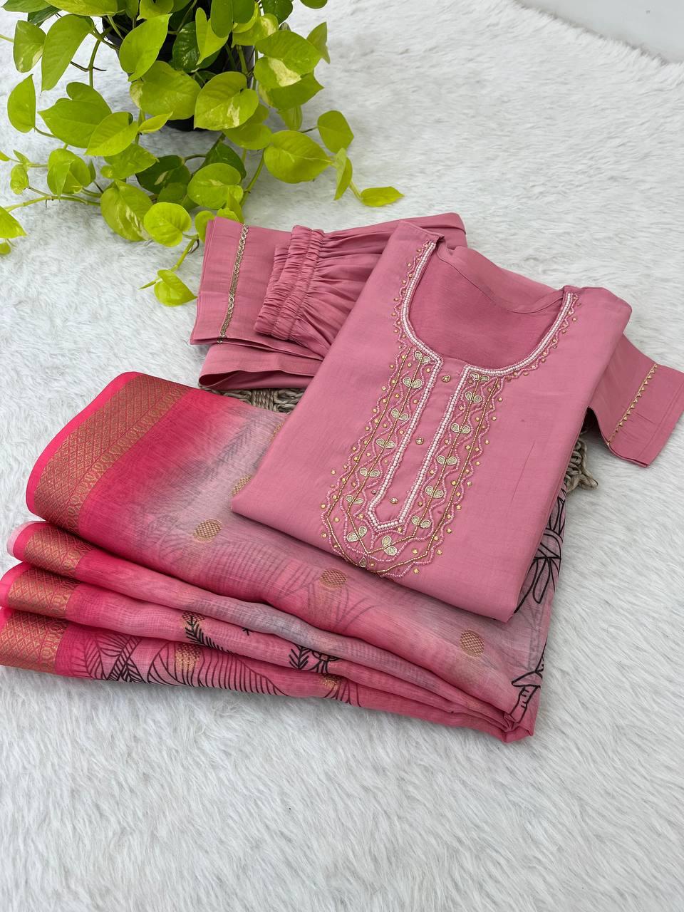 Bewitching Roman Silk Handworked Designer Anarkali Pant Suit - INDIAN ELEGANCE