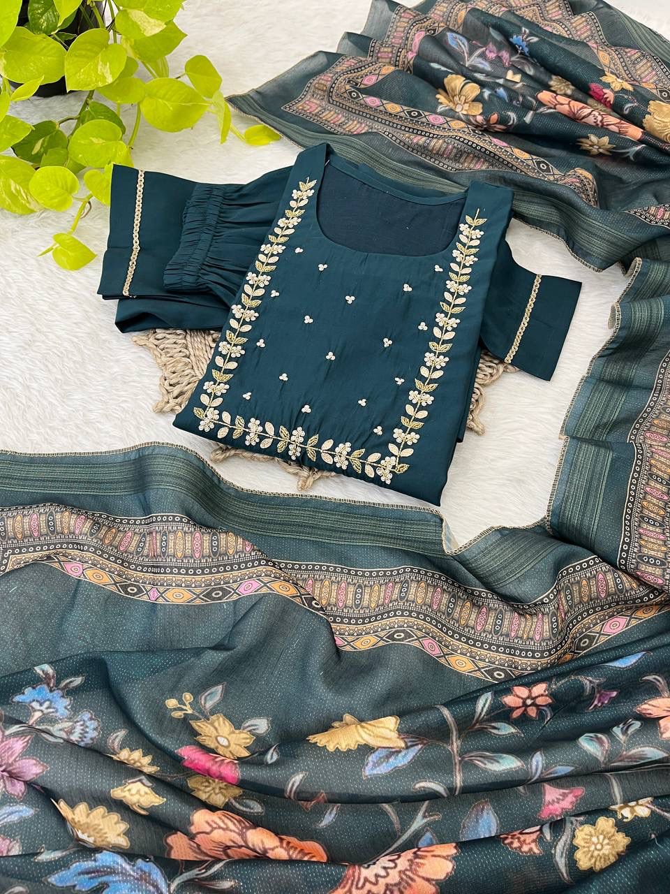 Graceful Roman Silk Handworked Anarkali Pant Suit With Dupatta - INDIAN ELEGANCE