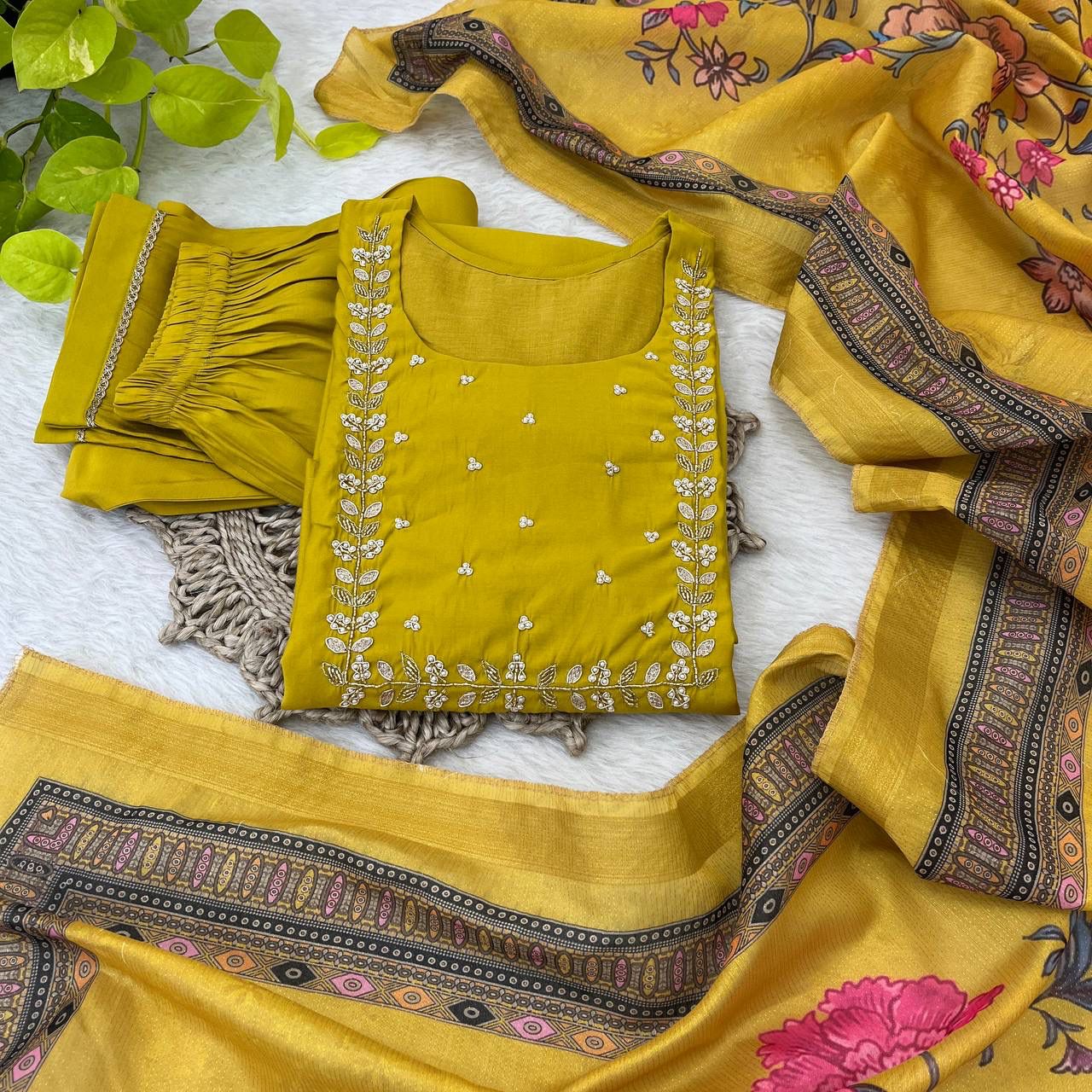 Graceful Roman Silk Handworked Anarkali Pant Suit With Dupatta - INDIAN ELEGANCE