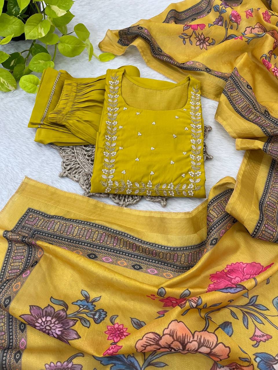Graceful Roman Silk Handworked Anarkali Pant Suit With Dupatta - INDIAN ELEGANCE