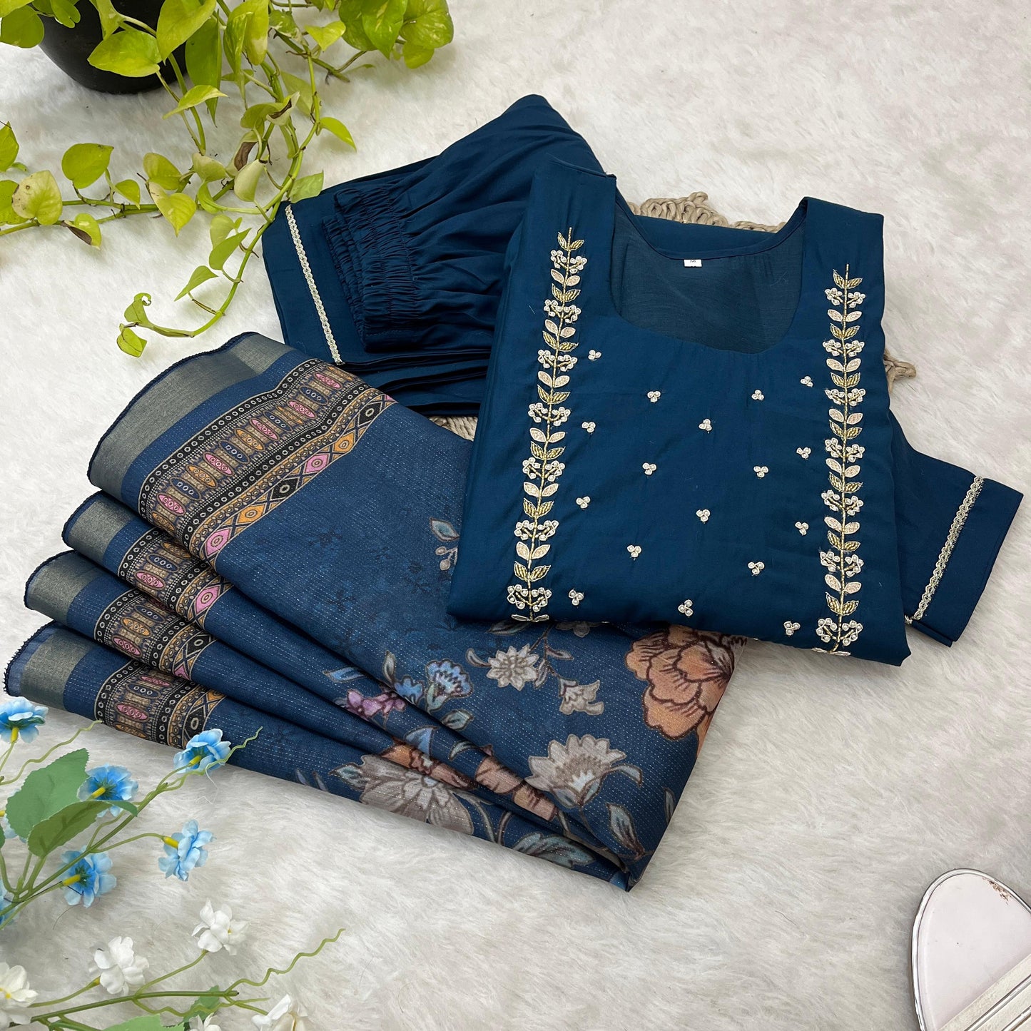 Graceful Roman Silk Handworked Anarkali Pant Suit With Dupatta - INDIAN ELEGANCE