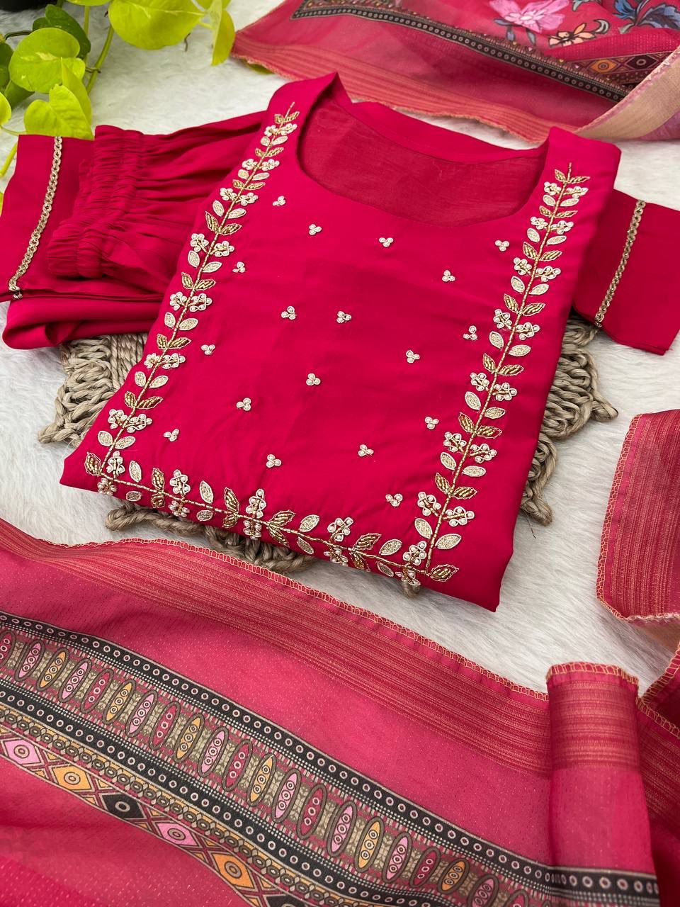 Graceful Roman Silk Handworked Anarkali Pant Suit With Dupatta - INDIAN ELEGANCE