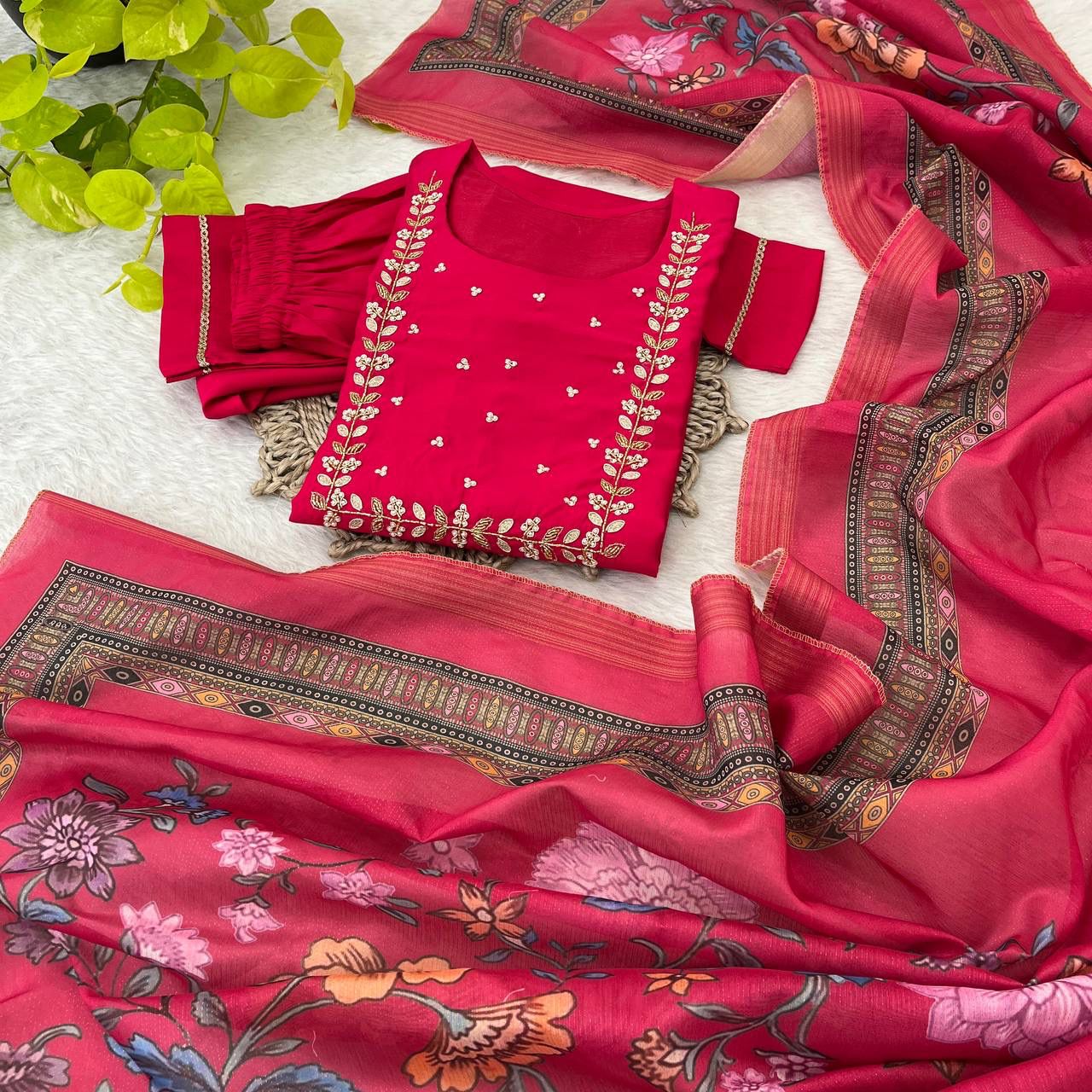 Graceful Roman Silk Handworked Anarkali Pant Suit With Dupatta - INDIAN ELEGANCE