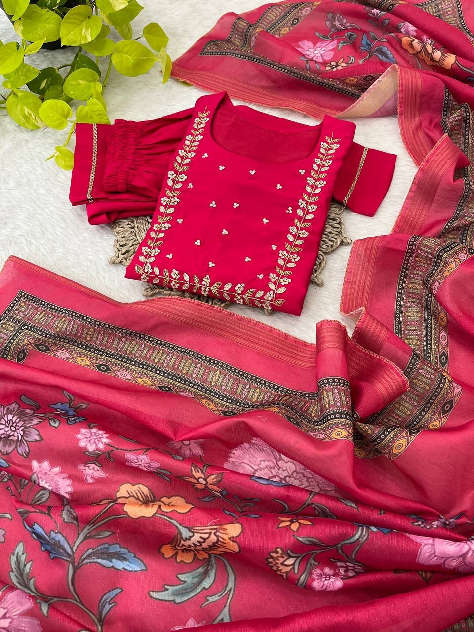 Graceful Roman Silk Handworked Anarkali Pant Suit With Dupatta - INDIAN ELEGANCE