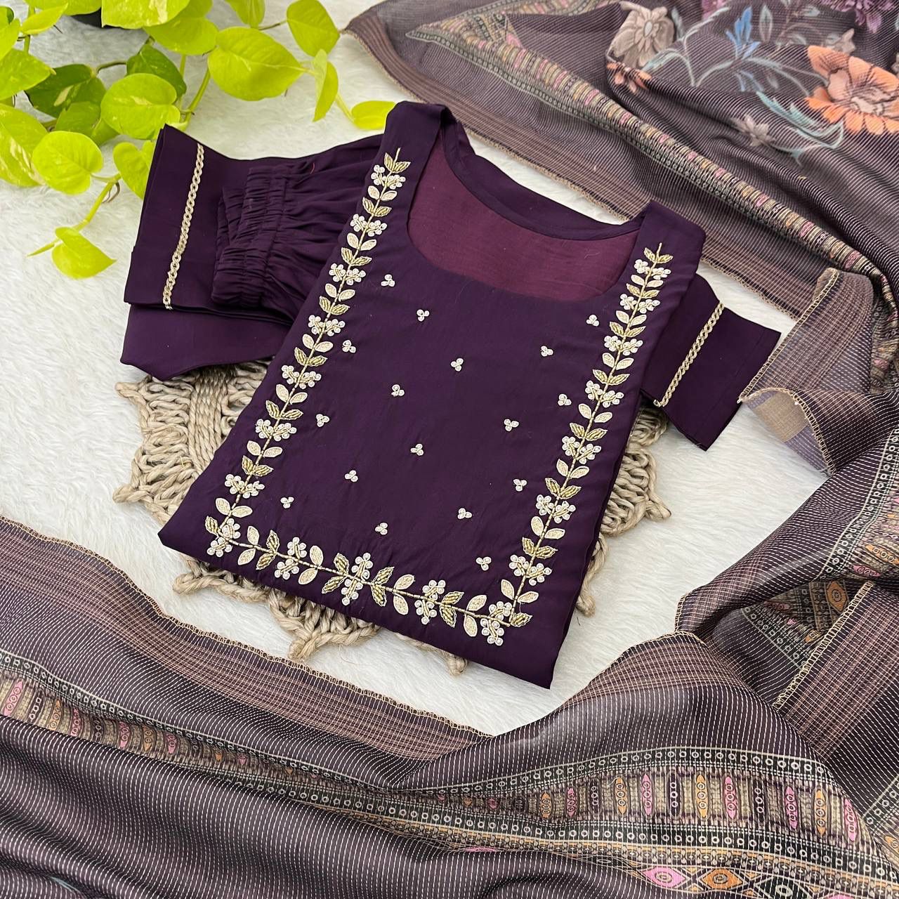 Graceful Roman Silk Handworked Anarkali Pant Suit With Dupatta - INDIAN ELEGANCE