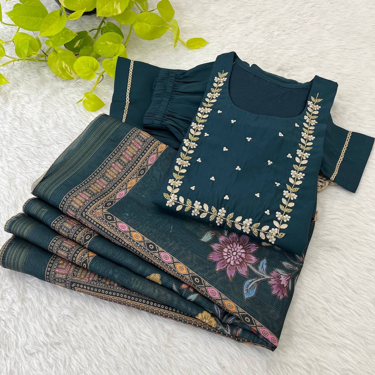 Graceful Roman Silk Handworked Anarkali Pant Suit With Dupatta - INDIAN ELEGANCE