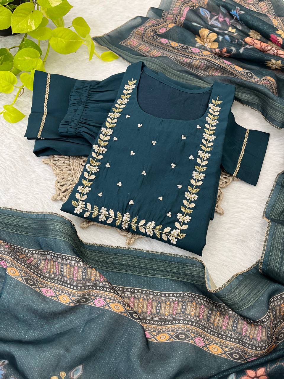 Graceful Roman Silk Handworked Anarkali Pant Suit With Dupatta - INDIAN ELEGANCE
